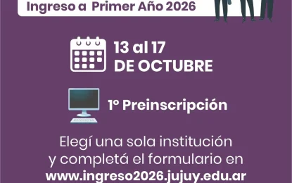 Del 13 al 17 de octubre se realiza la preinscripción para el ingreso a 1° año 2026